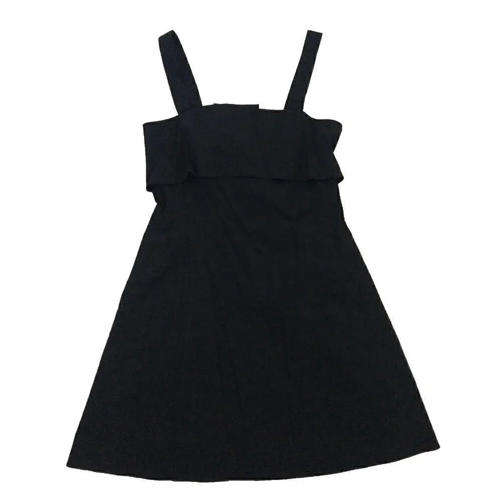 Theory Drape Back Dress Size 10 Black Linen Blend Stretch Sleeveless Fit & Flare